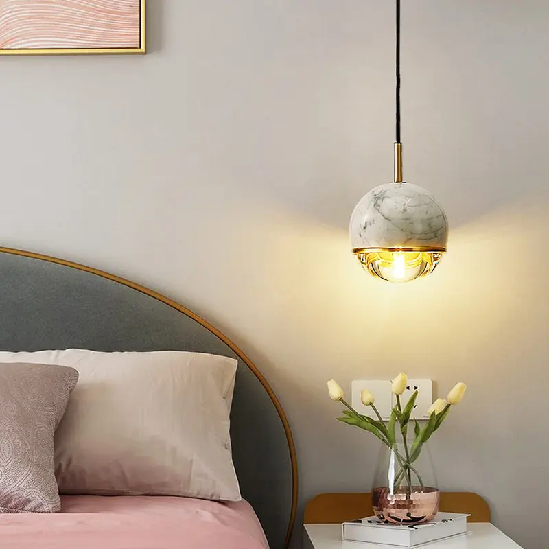 Nordic pendant light bedside marble lamp minimalist single round pendant light bedroom restaurant art lamp bar modern home light