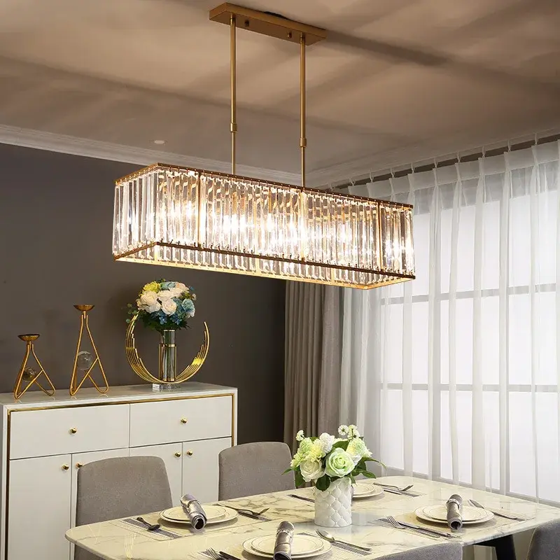 American Style Crystal Chandelier Modern Rectangular Iron Hanging Lamp Bar Counter Dining Table Pendant Light for Home Deco