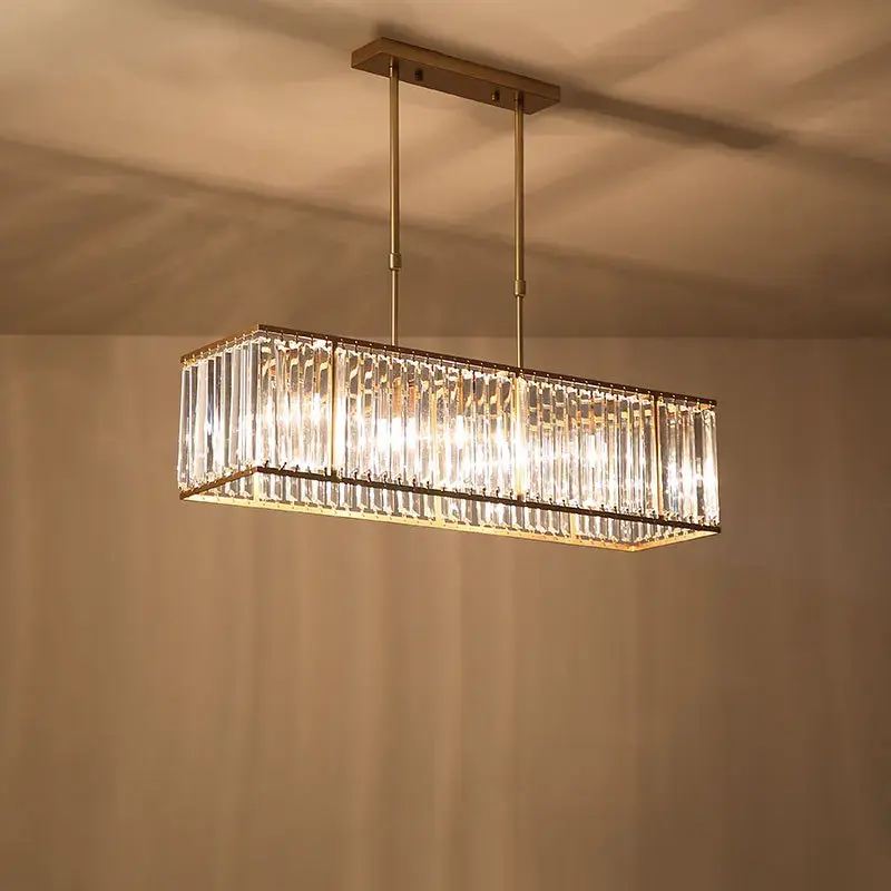 American Style Crystal Chandelier Modern Rectangular Iron Hanging Lamp Bar Counter Dining Table Pendant Light for Home Deco