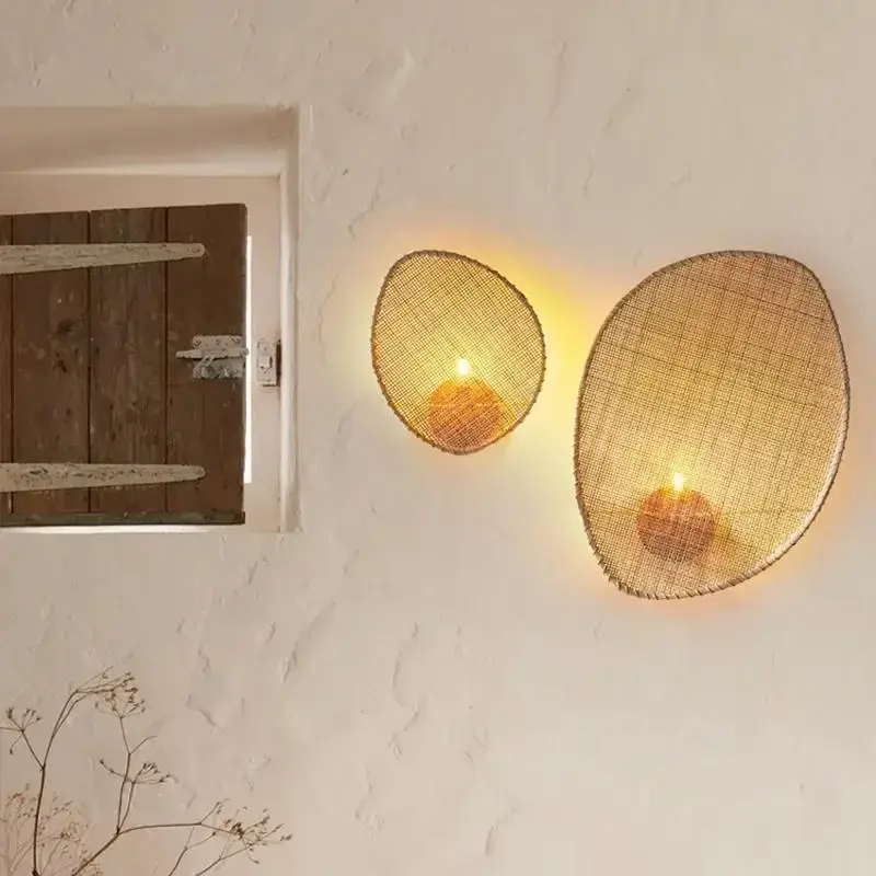Rattan Weaving Wall Lamp Japan Wabi Sabi Wall Light Vintage Hotel Restauarnt Shop Wall Decoration Living Room Bedside Lamp