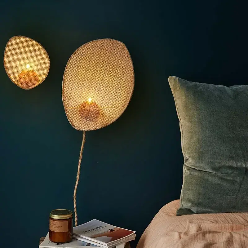Rattan Weaving Wall Lamp Japan Wabi Sabi Wall Light Vintage Hotel Restauarnt Shop Wall Decoration Living Room Bedside Lamp