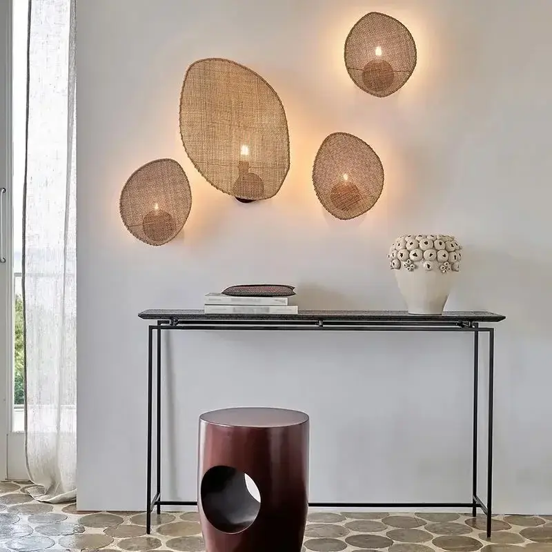 Rattan Weaving Wall Lamp Japan Wabi Sabi Wall Light Vintage Hotel Restauarnt Shop Wall Decoration Living Room Bedside Lamp