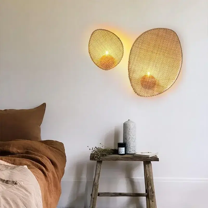 Rattan Weaving Wall Lamp Japan Wabi Sabi Wall Light Vintage Hotel Restauarnt Shop Wall Decoration Living Room Bedside Lamp