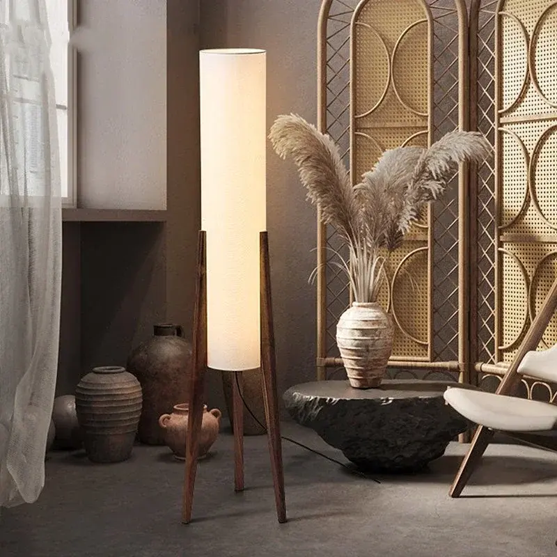 Wabi Sabi Japan Floor Lamp Restaurant Teahouse Living Room Fabric Stand Lamp Solid Wood Floor Light for Room Decor Fixture LED