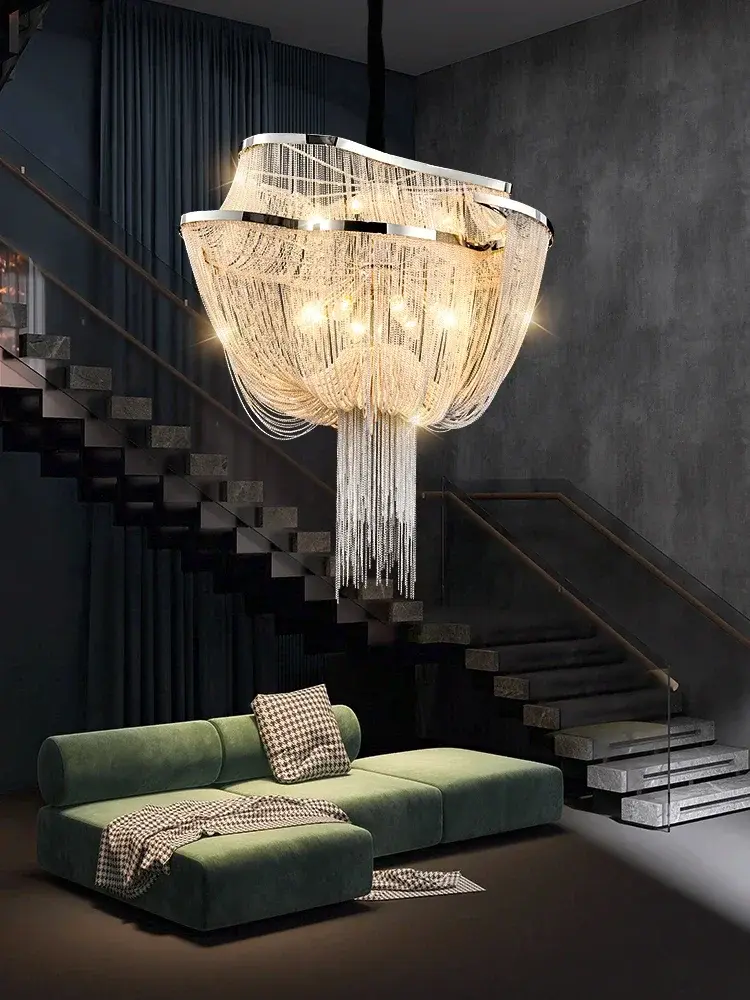 Moonriver Lighting Modern Tassels Chandelier Creative Iron Chain Hanging Lamp Hotel Lobby Hall Shop Pendant Light for Home LED