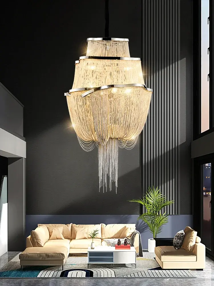 Moonriver Lighting Modern Tassels Chandelier Creative Iron Chain Hanging Lamp Hotel Lobby Hall Shop Pendant Light for Home LED