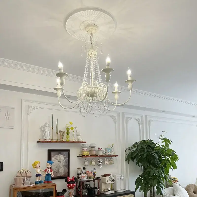 French Retro Crystal Chandelier Wall Lamp Princess Room Candle Hanging Lamp Bedroom Bedside Lamps Rustic Style Pendant Light