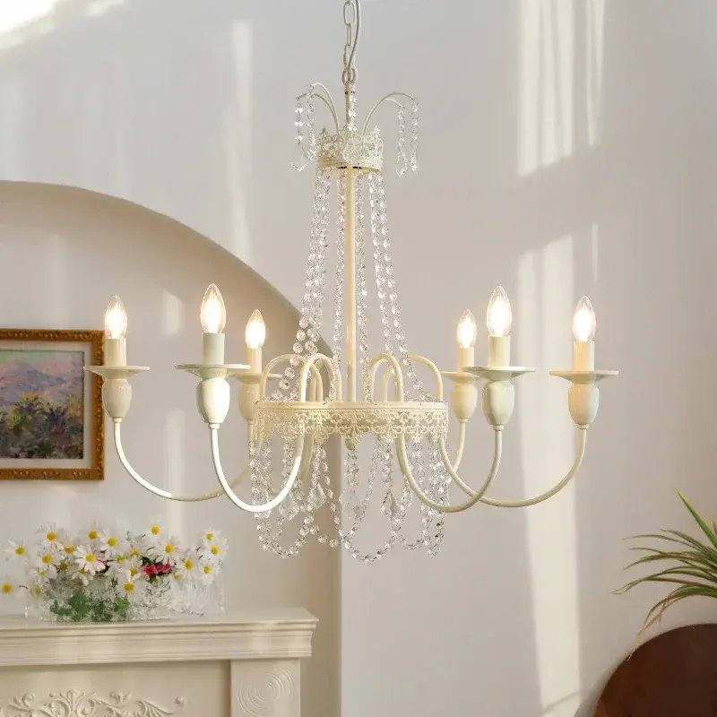 French Retro Crystal Chandelier Wall Lamp Princess Room Candle Hanging Lamp Bedroom Bedside Lamps Rustic Style Pendant Light