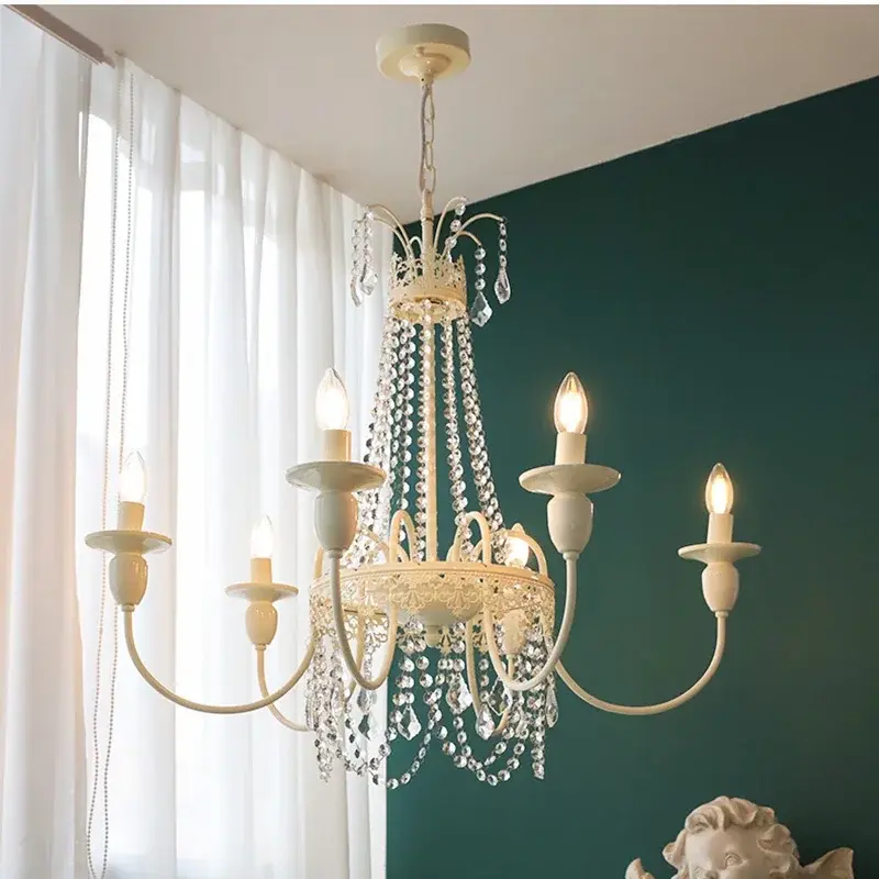 French Retro Crystal Chandelier Wall Lamp Princess Room Candle Hanging Lamp Bedroom Bedside Lamps Rustic Style Pendant Light