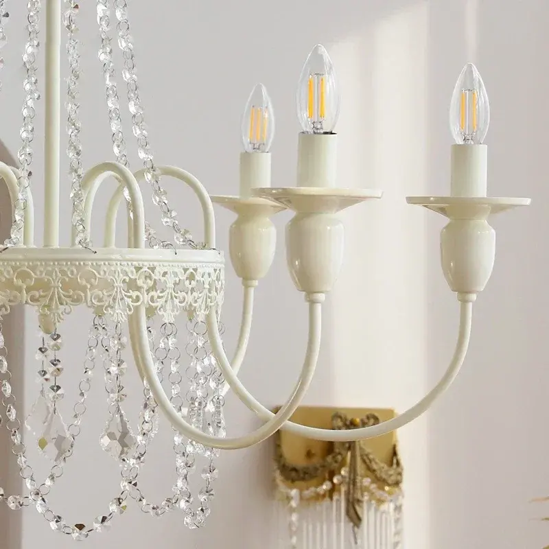 French Retro Crystal Chandelier Wall Lamp Princess Room Candle Hanging Lamp Bedroom Bedside Lamps Rustic Style Pendant Light