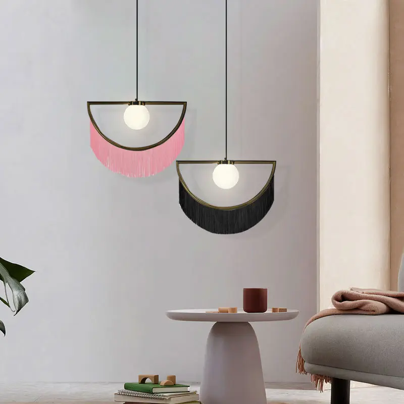 Nordic Ins Style Girl Heart Pink Tassel Single Head Lamp Postmodern Creative Bedroom Small Fresh Bedside Chandelier