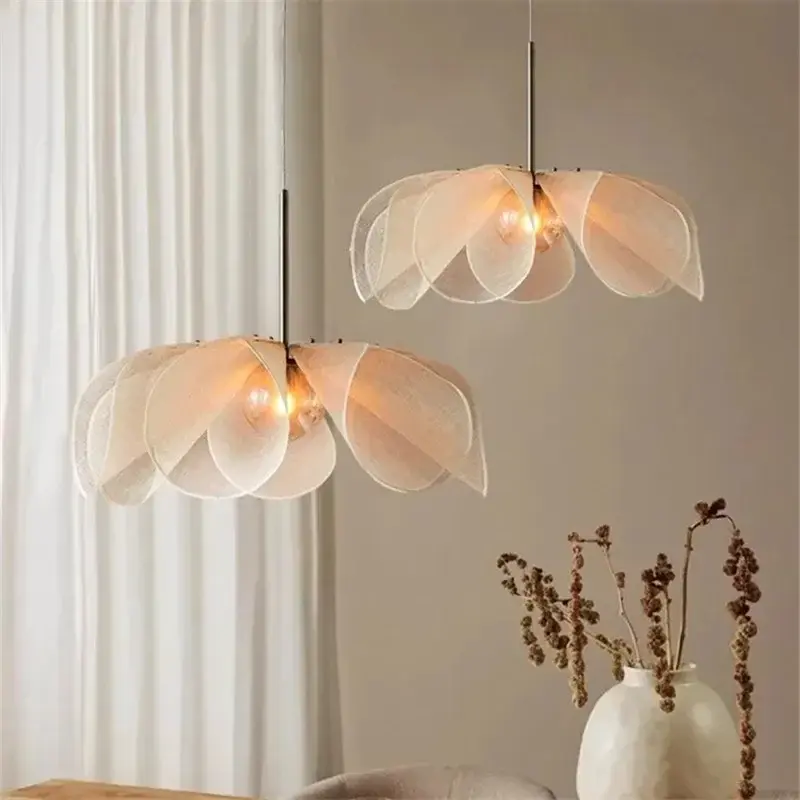 Wabi Sabi Fabric Pendant Lights French Led Light Hotel Restaurant Cloth Flower Lamp Living Room Hanging Lamp for Home Deocr