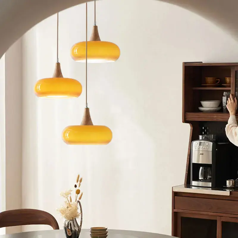 Japanese Retro Pendant Lights Korea Wooden Art Glass Chandelier Living Room Cafe Bar Led Lights for Home Deco Mood Lights