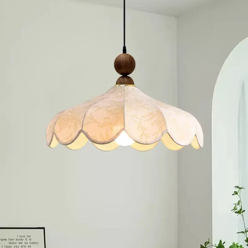 French Dining Room Pendant Light Vintage Fabric Restaurant Hotel Ceiling Lamp Living Room Wood Led Lights for Room Decor Lustre