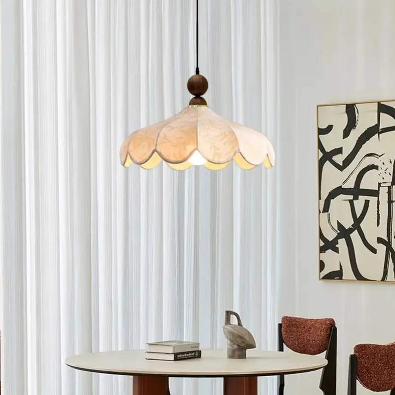 French Dining Room Pendant Light Vintage Fabric Restaurant Hotel Ceiling Lamp Living Room Wood Led Lights for Room Decor Lustre