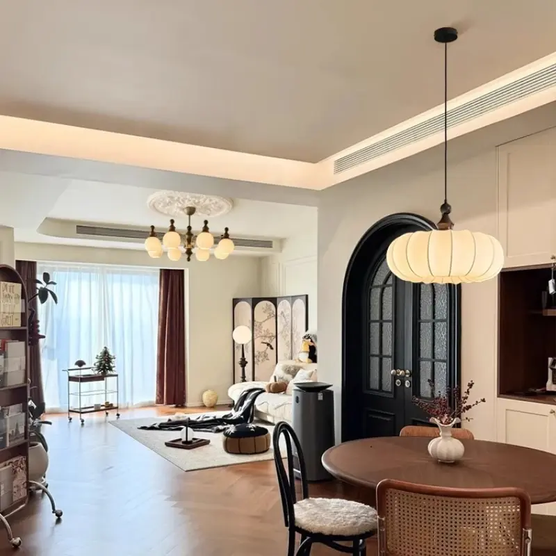 Retro Fabric Pendant Lights Vintage Wood Chandeliers Traditional Restaurant Hotel Classic Hanging Lamp Living Room Led Lights