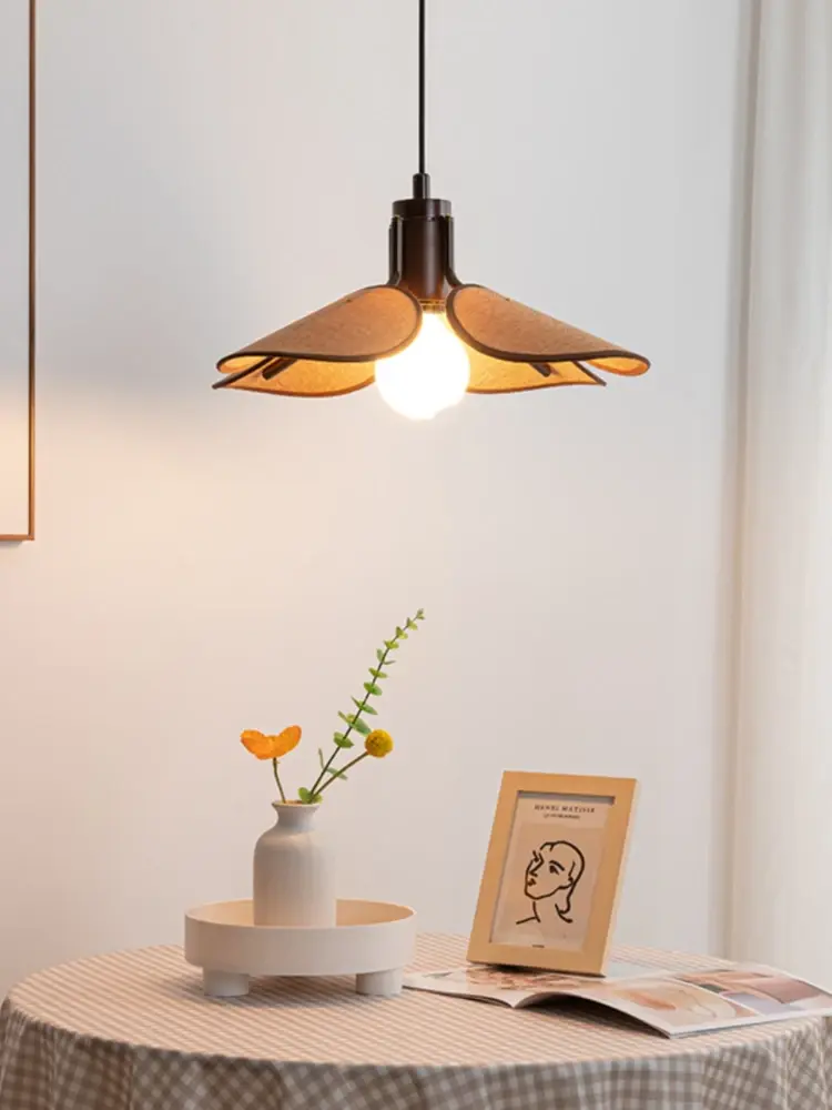 Leaf Wood Cloth Hanging Lamp Vintage Living Room Bedroom Chandelier Wabi Sabi Courtyard Pendant Light Room Decor Lustre