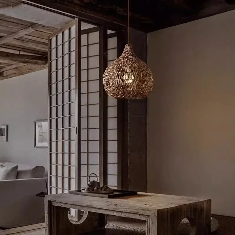 Rattan Chandeliers Retro Restaurant Hotel Shop Art Pendant Lights Japan Living Dinging Room Table Led Lights for Home Decor