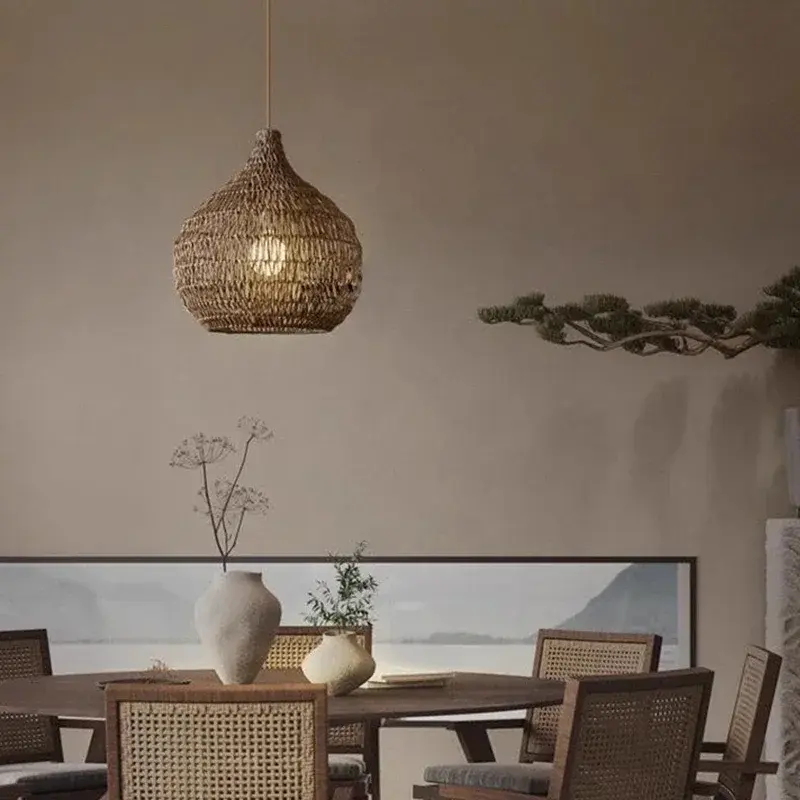 Rattan Chandeliers Retro Restaurant Hotel Shop Art Pendant Lights Japan Living Dinging Room Table Led Lights for Home Decor