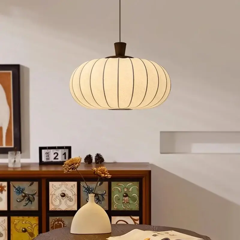 Japanese Wabi Sabi Living Room Led Lights Silk Retro Chandelier Retro Fabric Wood Restaurant Pendant Light for Decor Mood Light