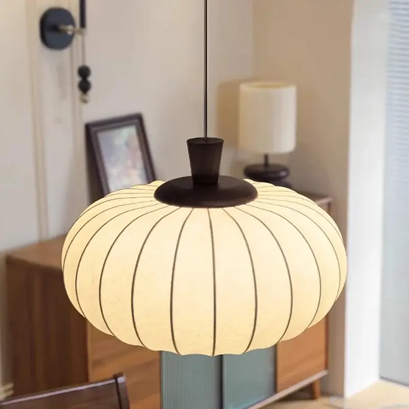 Japanese Wabi Sabi Living Room Led Lights Silk Retro Chandelier Retro Fabric Wood Restaurant Pendant Light for Decor Mood Light