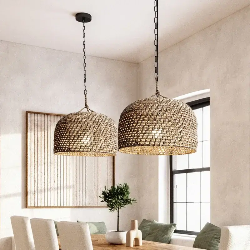 Japan Handmade Rope Rattan Chandelier Wabi Sabi Retro Pendant Lights Living Room Bedroom LED Lights for Home Decor Lustre