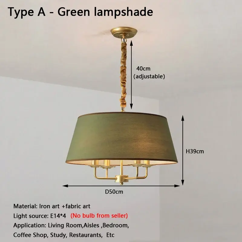 American Restaurant Hotel Chandelier Retro Metal Living Room Bedroom LED Lights Vintage Fabric Pendant Lights for Home Decor