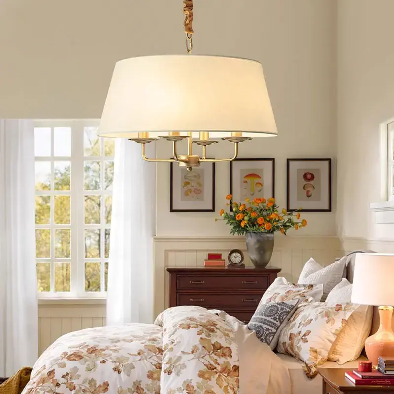 American Restaurant Hotel Chandelier Retro Metal Living Room Bedroom LED Lights Vintage Fabric Pendant Lights for Home Decor
