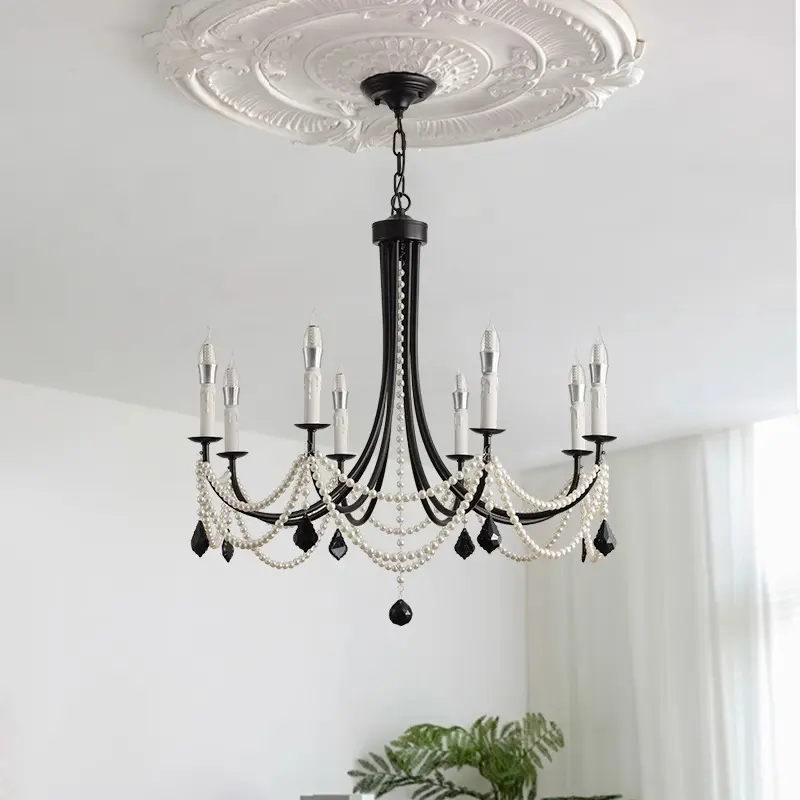 French Crystal Pendant Light Vintage Iron Art Decor Chandelier Living Room Restaurant Hotel Hanging Lamp for Room Decor Lustre