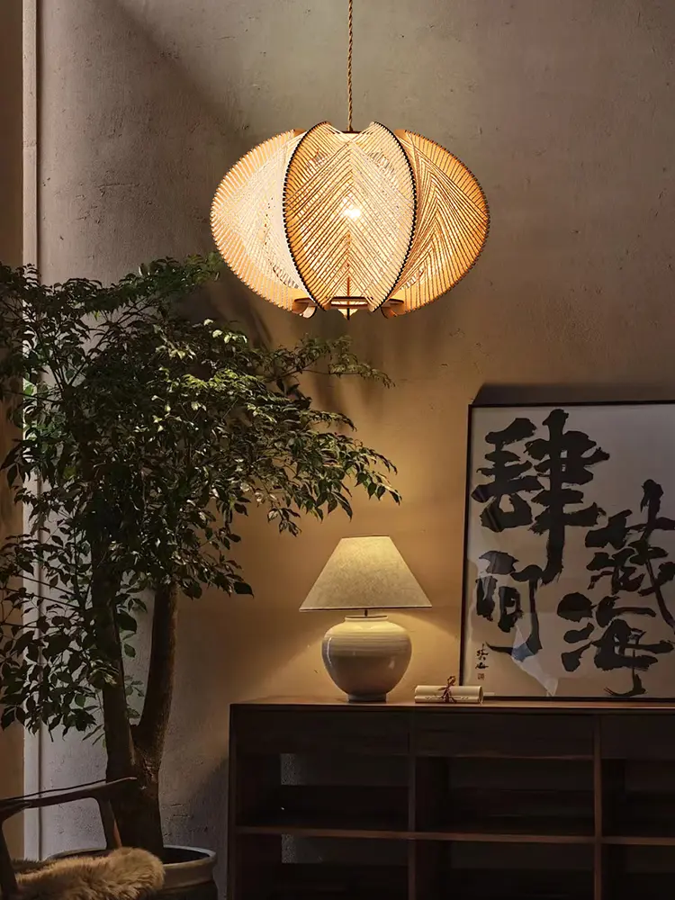 Wabi Sabi Pendant Lights Hemp Rope Wood Chandelier Living Room Bedroom Hanging Lamps for Ceiling Room Decor Lustre