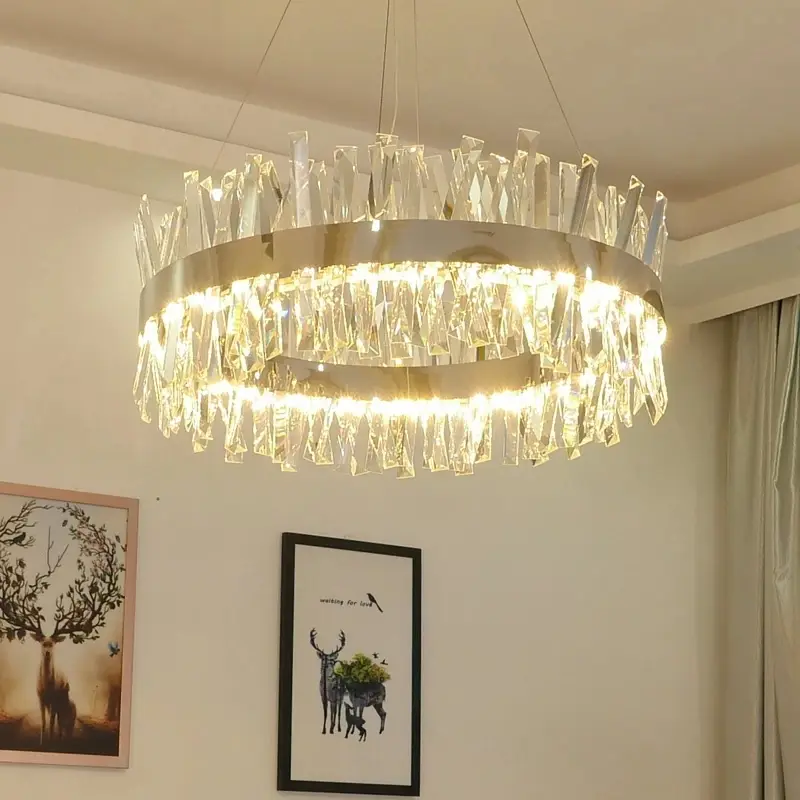 Living Room Stainless Atrium Space Pendant Lights Modern LED Crystal Chandelier Gold Chrome Ring Art Hanging Lamp for Home Decor