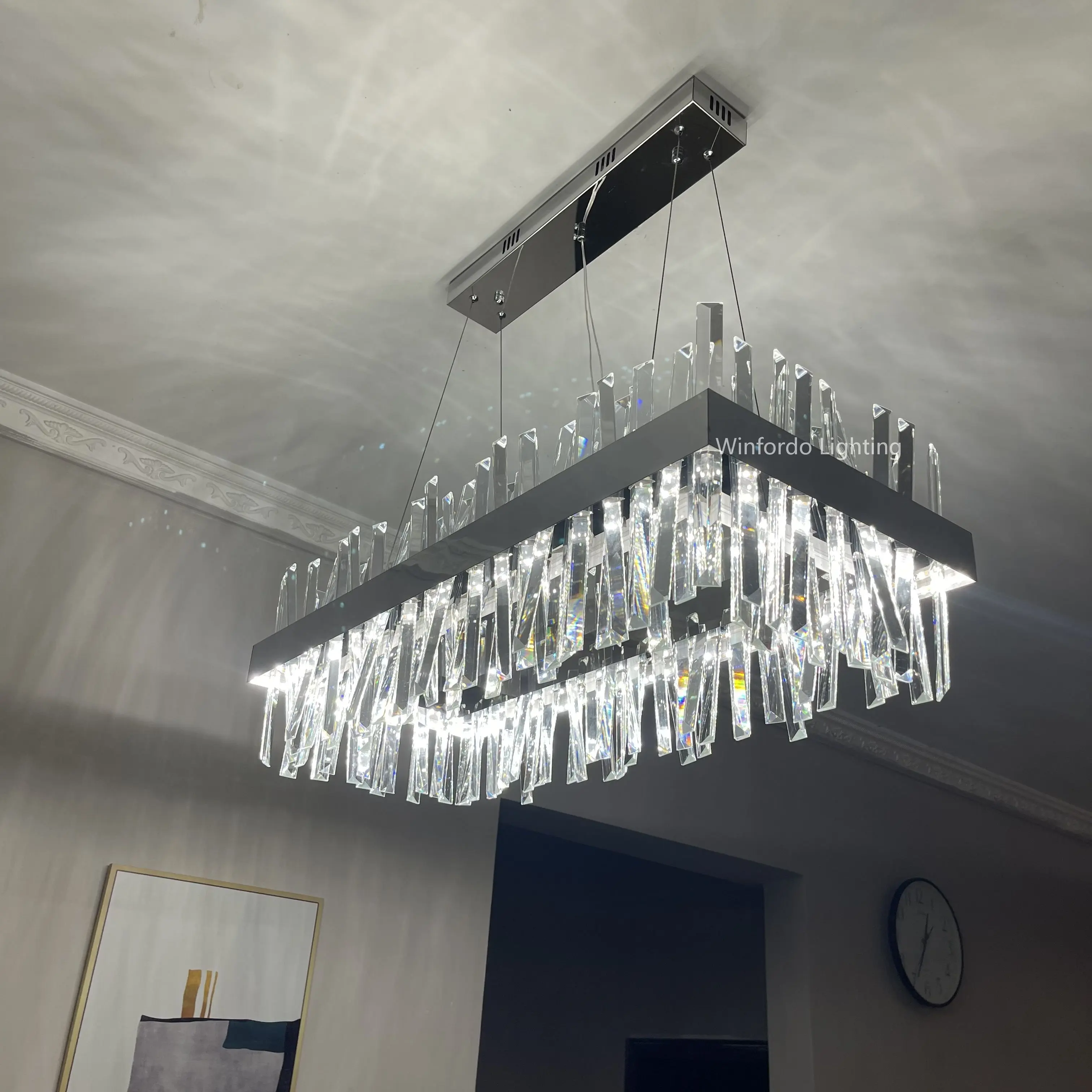 Living Room Stainless Atrium Space Pendant Lights Modern LED Crystal Chandelier Gold Chrome Ring Art Hanging Lamp for Home Decor