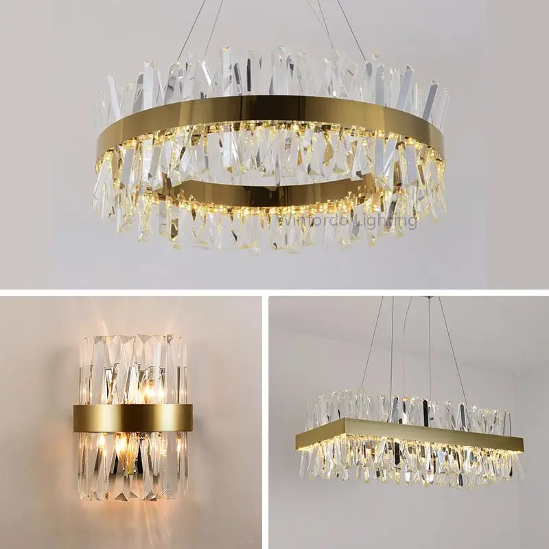Living Room Stainless Atrium Space Pendant Lights Modern LED Crystal Chandelier Gold Chrome Ring Art Hanging Lamp for Home Decor