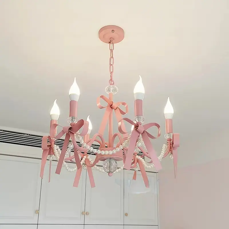 Lovely Pink Chandelier Cute Romantic Bow Pendan Lights Living Room Bedside Wall Light Candle Led Lights for Home Decor