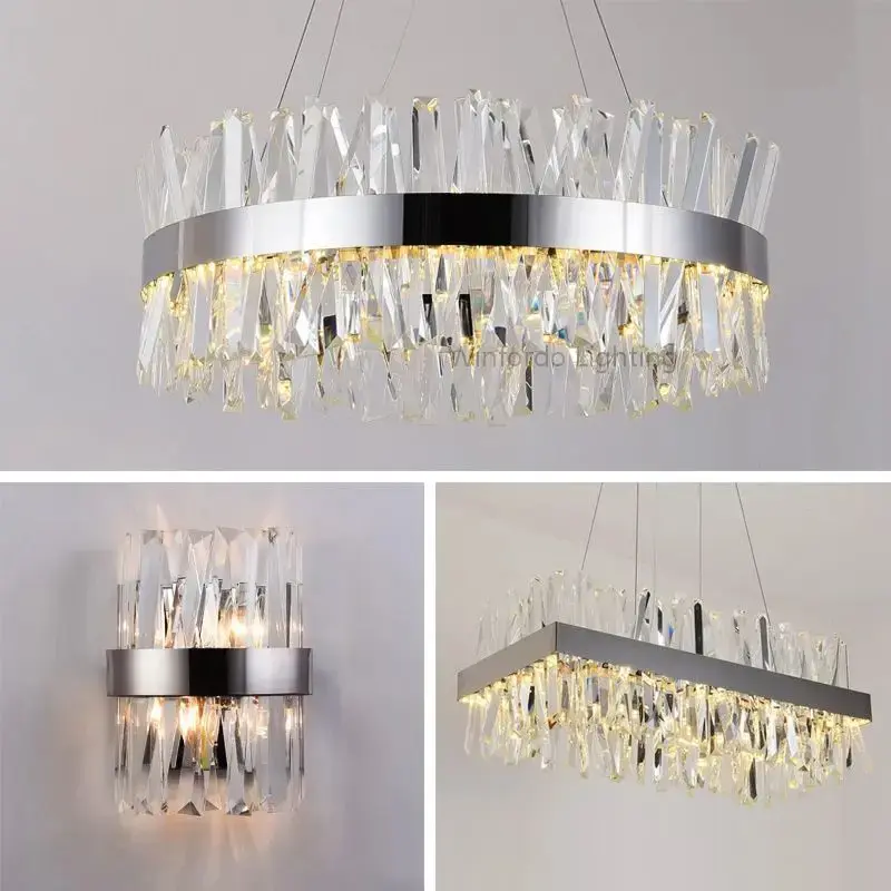 Living Room Stainless Atrium Space Pendant Lights Modern LED Crystal Chandelier Gold Chrome Ring Art Hanging Lamp for Home Decor