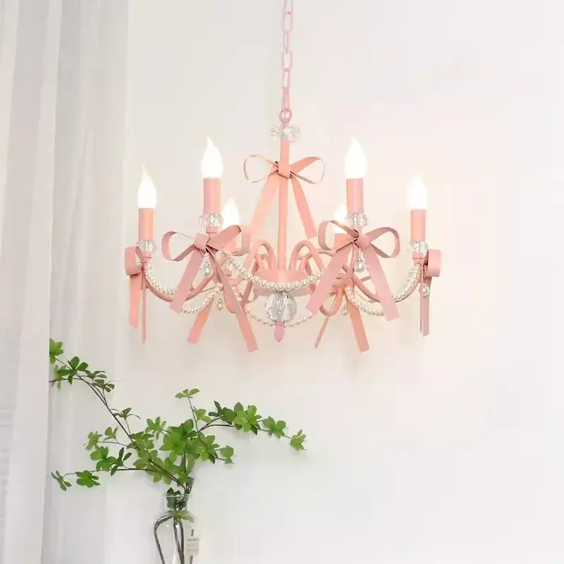 Lovely Pink Chandelier Cute Romantic Bow Pendan Lights Living Room Bedside Wall Light Candle Led Lights for Home Decor