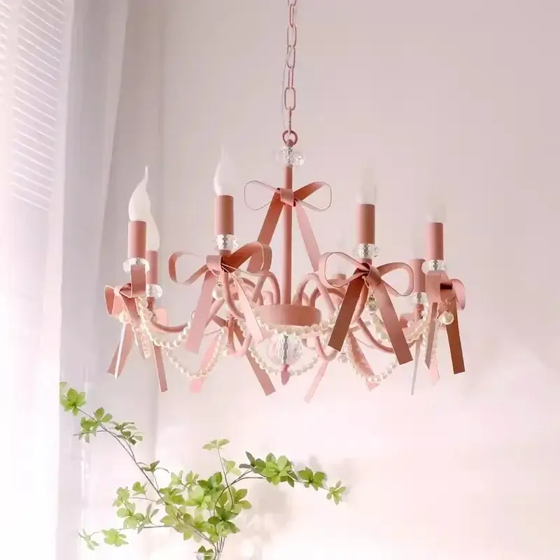 Lovely Pink Chandelier Cute Romantic Bow Pendan Lights Living Room Bedside Wall Light Candle Led Lights for Home Decor