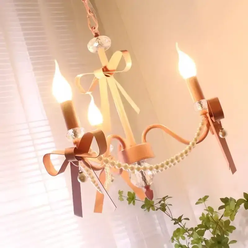 Lovely Pink Chandelier Cute Romantic Bow Pendan Lights Living Room Bedside Wall Light Candle Led Lights for Home Decor