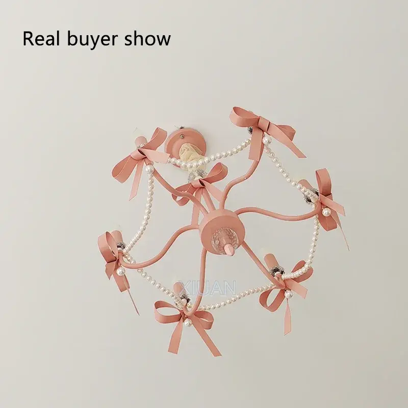Lovely Pink Chandelier Cute Romantic Bow Pendan Lights Living Room Bedside Wall Light Candle Led Lights for Home Decor