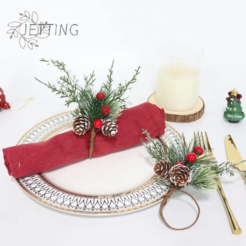 Christmas Cedar Jute Lace Napkin Rings Set Handmade Craft Tableware For Holiday Party Dinner New Year Decorations