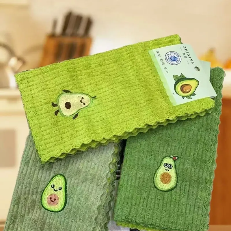 4pc Cartoon Avocado Pattern Thickened Polyester Rag Kitchen Dish Cloth Cleaning Cloth Embroidered Towel Absorbent Square Towe