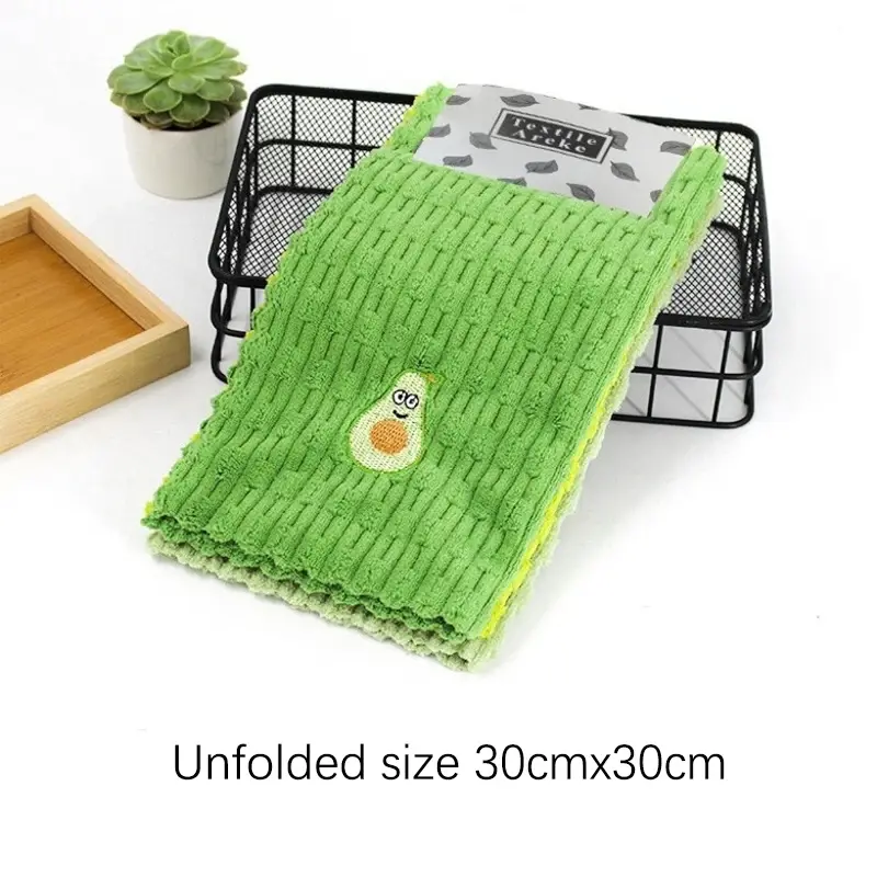 4pc Cartoon Avocado Pattern Thickened Polyester Rag Kitchen Dish Cloth Cleaning Cloth Embroidered Towel Absorbent Square Towe
