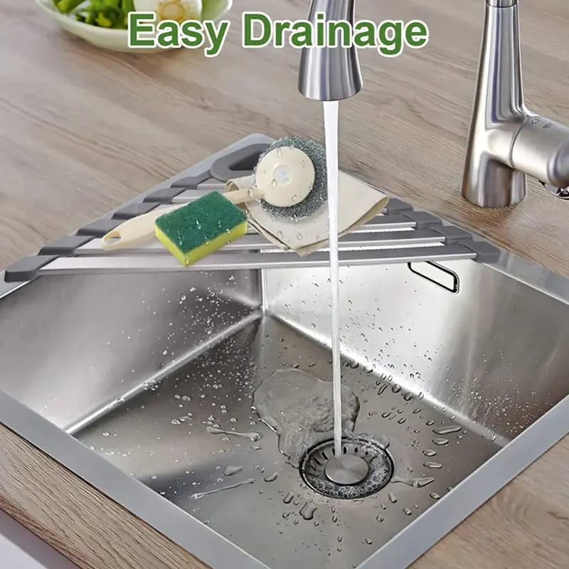 46*32CM Large Durable Roll Up Corner Sink Rack Triangle Foldable Kitchen Sink Organizer Over The Sink Dish Drying Rack Kitchen
