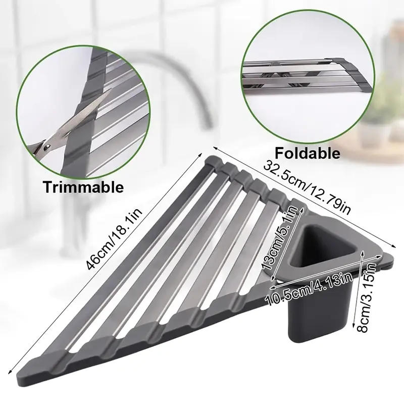 46*32CM Large Durable Roll Up Corner Sink Rack Triangle Foldable Kitchen Sink Organizer Over The Sink Dish Drying Rack Kitchen