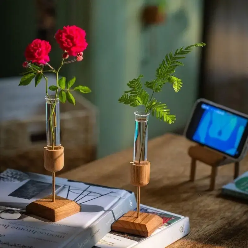 Creative Home Desktop Ornaments Wooden Vase Test Tube Transparent Glass Hydroponic Plant Flower Arranger