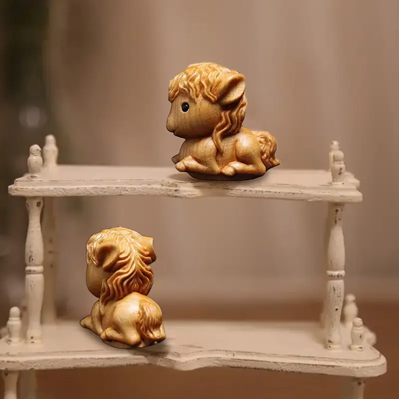 1/2pcs Mini Wood Carving Chinese New Year Horse Ornaments Zodiac Statue Cute Horse Decor Office Desktop Decor Car Decoration