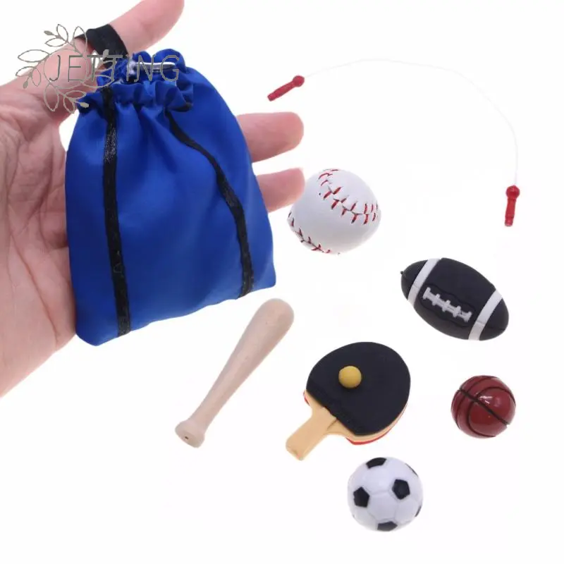 1/12 Dollhouse Simulation Mini Sports Equipment Kit Doll Basketball Football Rugby Skipping Rope Equipment Sport Scene Decor Toy