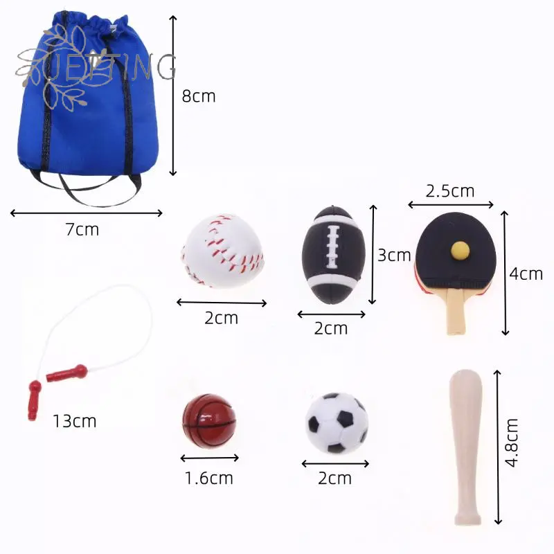 1/12 Dollhouse Simulation Mini Sports Equipment Kit Doll Basketball Football Rugby Skipping Rope Equipment Sport Scene Decor Toy