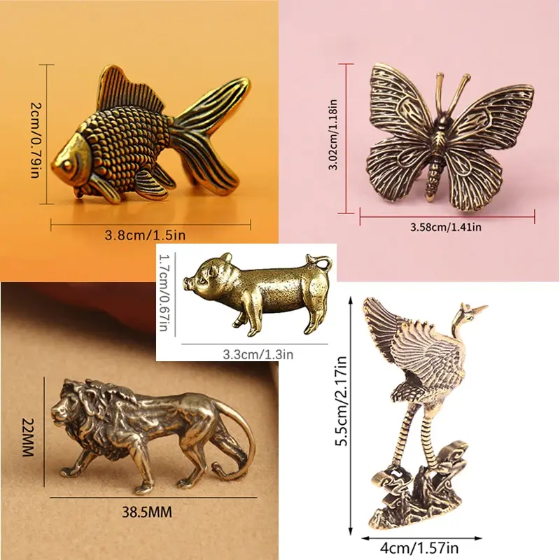 Goldfish Butterfly Pig Red-crowned Crane Lion Figurine Retro Brass Lucky Animal Statue Ornament Home Desk Decoration Tea Gift
