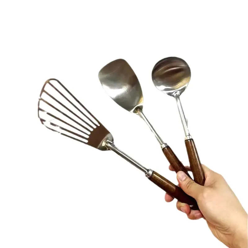 304 Stainless Steel Small Spatula Household Cooking Spoon Soup Spoon Frying Shovel Walnut Long Handle Anti-hot Spatula Kitchen